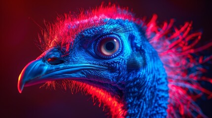 A turkey with a pink face and blue feathers