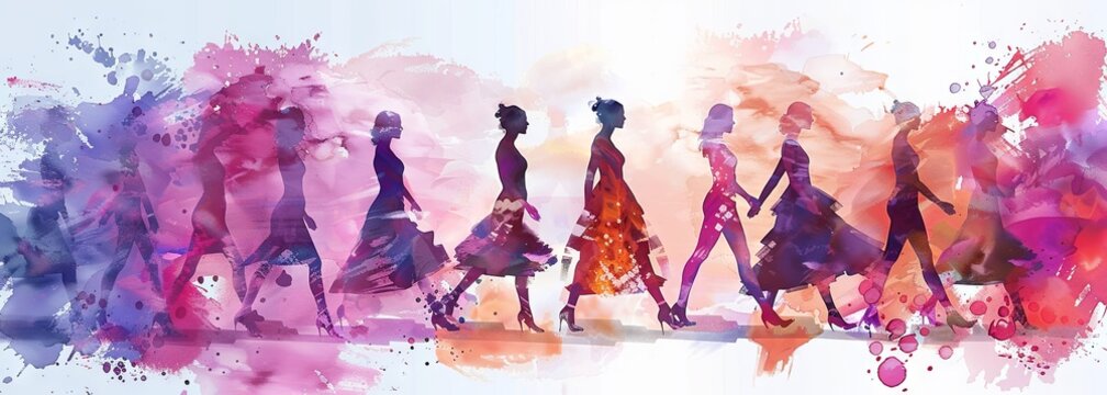 Colorful watercolor silhouette fashion parade of diverse women