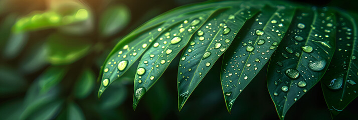  Tropical background green coconut palm leaf,
Refreshing green leaf background with water bubbles natural close up of rain or dew drops
 - obrazy, fototapety, plakaty