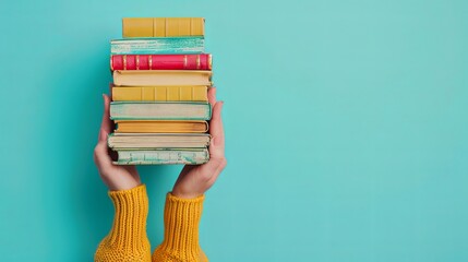 Vibrant pile of books in hands against turquoise background