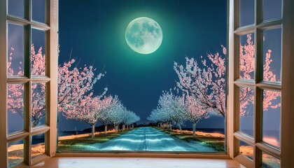 Almond Blossom Moon: Radiant Trees Under the Night Sky