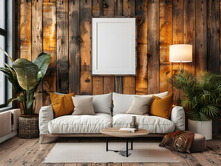 Serenity in Simplicity: Empty White Frame Mockup Reflects Rustic Living Room's Ambiance