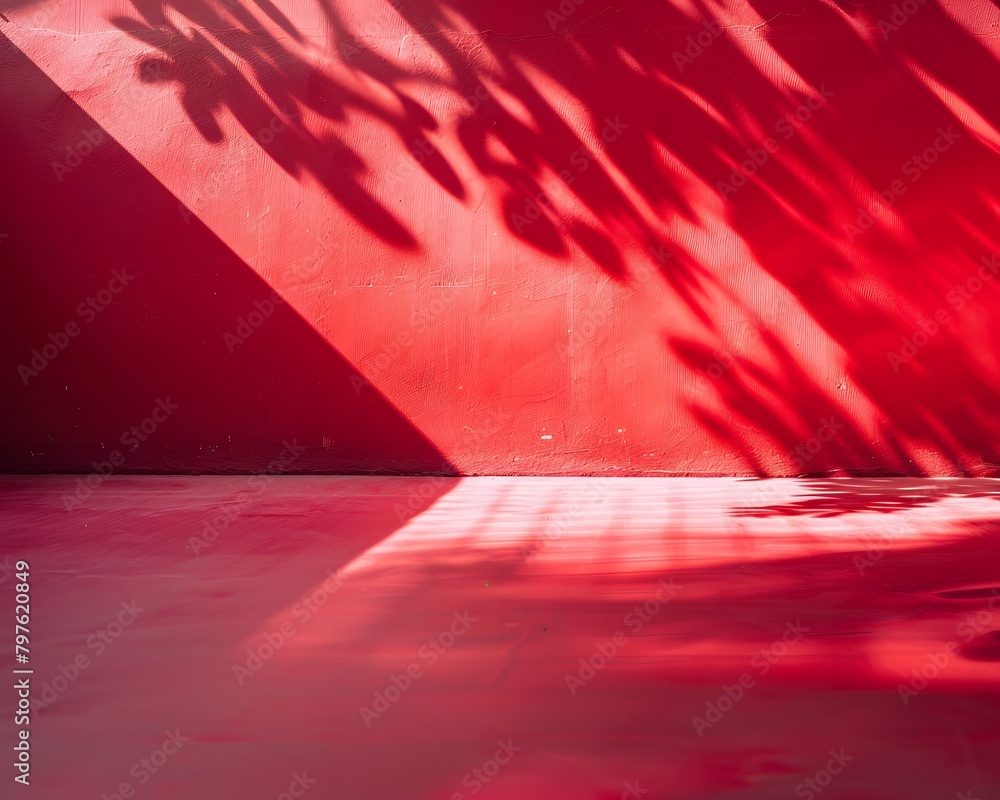 Poster red abstract background, empty space for product display, with light and shadow