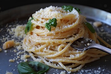 Aromatic Italian Elegance: Spaghetti with Basil and Cheese - Capturing the Heart of Italian Dinner in a Single Classic Image