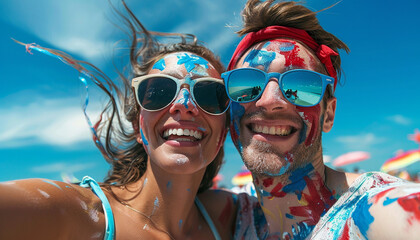 Couple with sunglasses and face paint alluding to usa takes a selfie. 4th of July celebration - obrazy, fototapety, plakaty