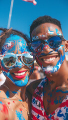 Couple with sunglasses and face paint alluding to usa takes a selfie. 4th of July celebration