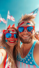 Couple with sunglasses and face paint alluding to usa takes a selfie. 4th of July celebration