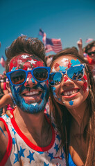 Couple with sunglasses and face paint alluding to usa takes a selfie. 4th of July celebration