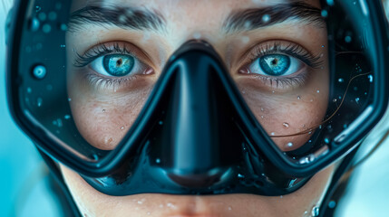 A young blue eyes woman with a scuba rubber hood