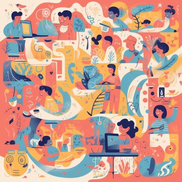 A vibrant illustration of a diverse community with people of all ages connecting and engaging in various activities. The artwork celebrates togetherness, inclusion,richness of human interaction