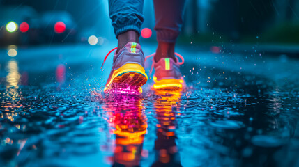 legs with running shoes with colorful LED lights on the rain