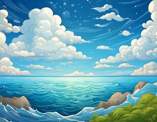 Fototapeta na wymiar Hand-drawn cartoon illustration of blue sky and sea with fluffy clouds and sparkling water
