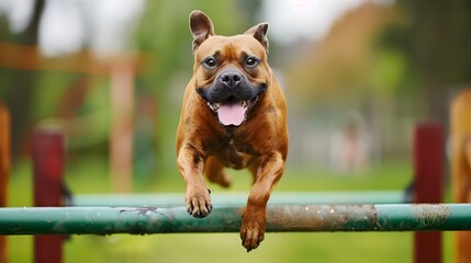 Muscular and Agile Canine Performing Intense Agility Training Outdoors Leaping over Obstacles with Intense Focus and Dynamic Composition - 797623685