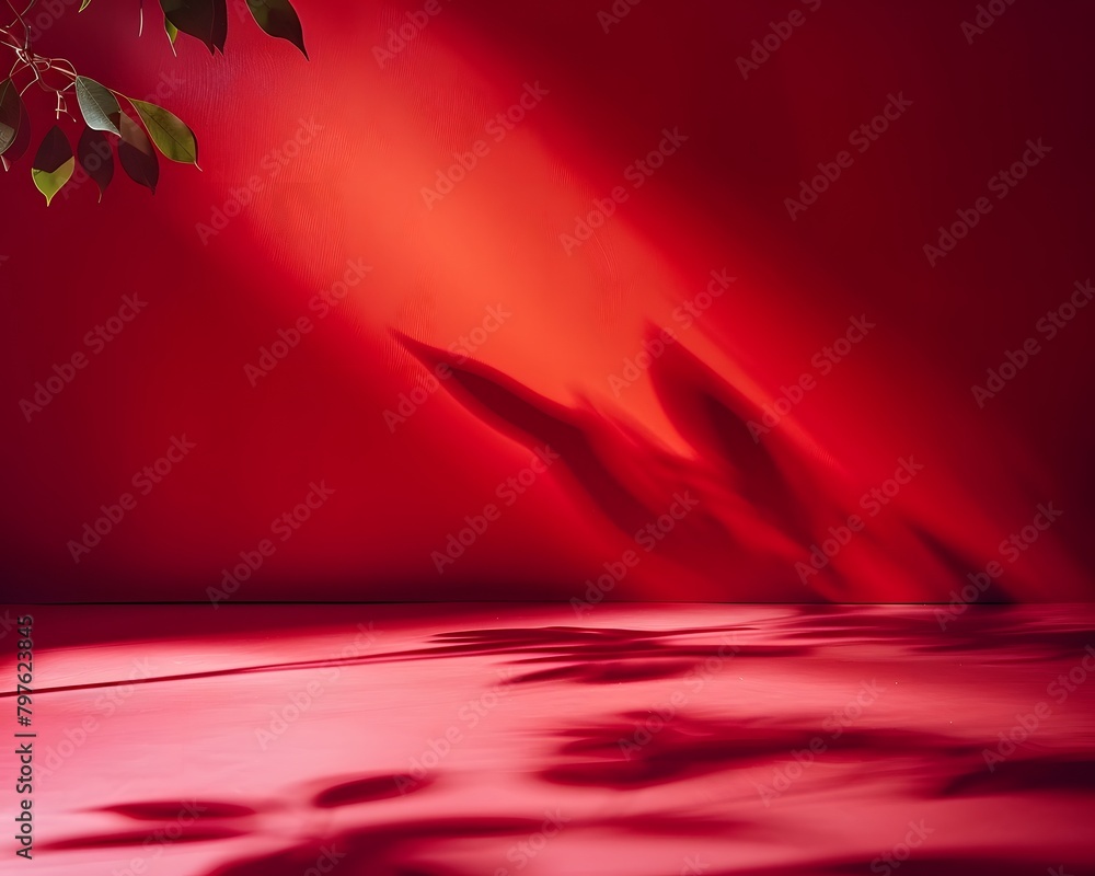 Poster red abstract background, empty space for product display, with light and shadow