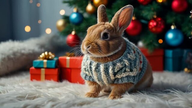 Заголовок: cute bunny in a sweater, Christmas tree, gift boxes decoration

