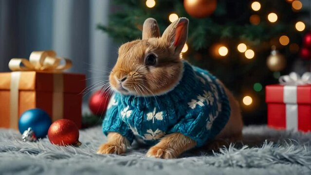 Заголовок: cute bunny in a sweater, Christmas tree, gift boxes decoration

