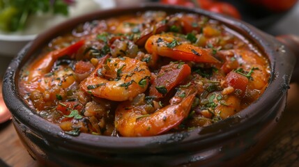 Traditional Angolan cuisine. Kalulu is a stew of fresh fish and shrimp.
 - obrazy, fototapety, plakaty