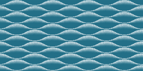 White wings of foam on blue waves in the form of a halftone raster. Seamless pattern. Computer game with flat 8-bit background. Sea or ocean pixel texture. Vector illustration in retro style.