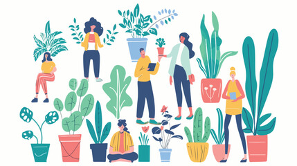 Vector illustration. people grow potted plants