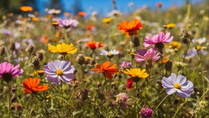 A field full of colorful wildflowers, various shades of pink, orange, yellow, and white.