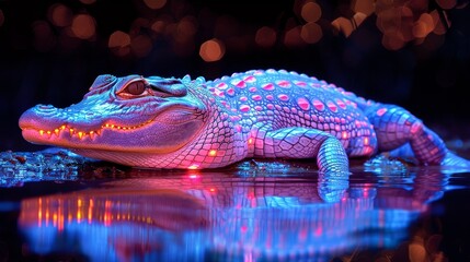 A neon colored alligator is laying in the water - Powered by Adobe