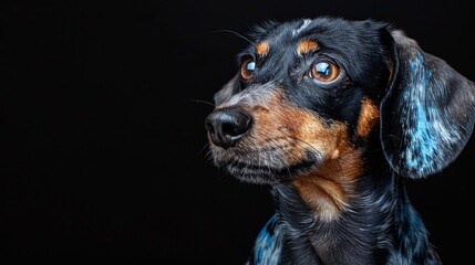 A black and brown dog with blue eyes is staring at the camera