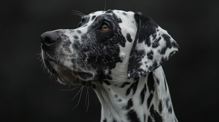 A black and white dog with a black nose and white spots on its face