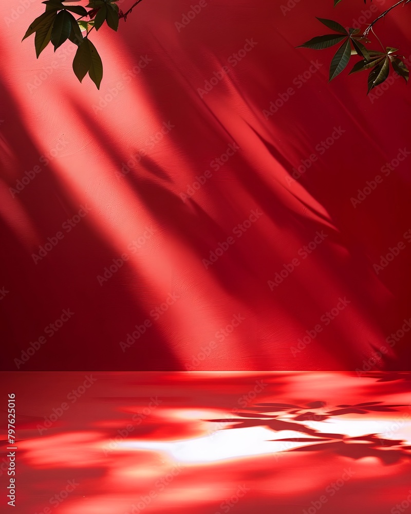 Poster red abstract background, empty space for product display, with light and shadow