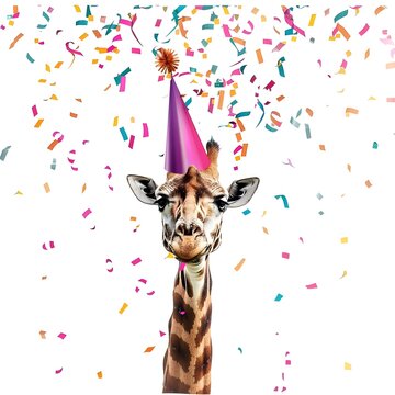 Celebration time A whimsical giraffe wearing a party hat ready to join in the fun perfect A giraffe wearing a party hat with confetti on it.

