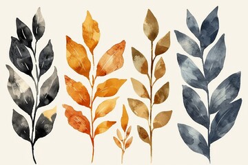 Set of four watercolor leaves on white background
