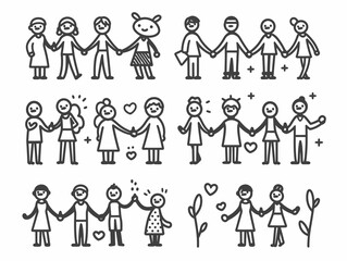 a set of hand drawn people holding hands