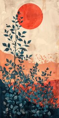 Tree painting with red sun in the background