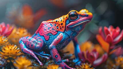 A colorful frog is sitting on a flower