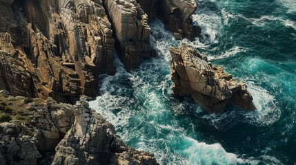 A birds eye view of a rocky coastline with dramatic cliffs and crashing waves illustrating the raw...