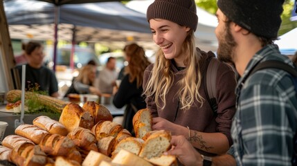 A man and a woman are standing next to a pile of bread, seemingly sampling and discussing at a farmers market tasting station