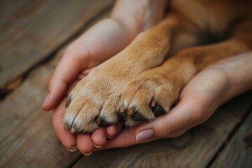 Persons gentle gesture, holding the dogs paws with care - obrazy, fototapety, plakaty