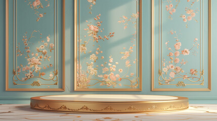 Pastel-colored walls decorated with rococo floral patterns and a decorative podium