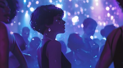 Elegant Woman Enjoying Nightlife, Silhouette Against Vivid Disco Lights. Contemporary Party Scene. AI