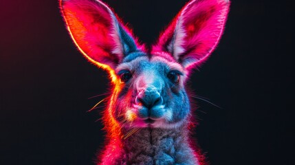 Obraz premium A cartoonish, neon-lit image of a kangaroo with a big smile on its face