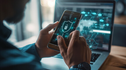 
 Man using smartphone and laptop with digital shield symbol, security technology concept. Man holding mobile phone on hand in closeup view while sitting at table working online on computer