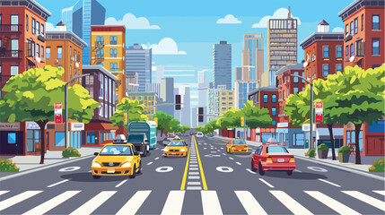 City street panoramic. City life set with cars road b