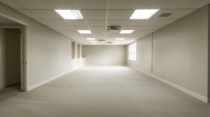An empty room devoid of human presence, showcasing the full expanse of the space from wall to wall