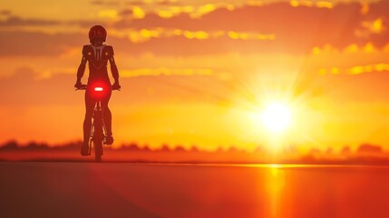 A person joyfully riding a bike with the sun setting in the background