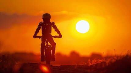 A person riding a bike against the sunsets warm glow