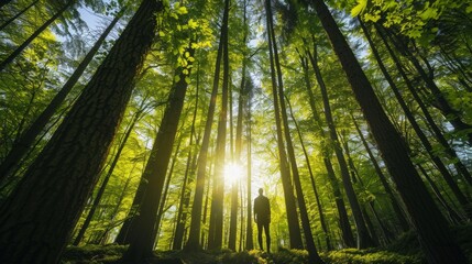 A silhouette of a person standing in the center of a dense forest with sunlight filtering through the canopy of towering trees