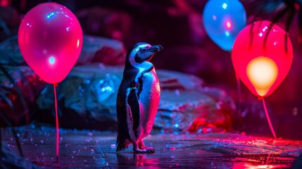 A penguin stands in front of two balloons, one red and one blue - Powered by Adobe