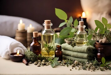 Obraz na płótnie Canvas spa still life with oil, towels and herbs massage