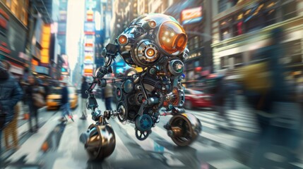 A shiny RhAY robot happily walks down a busy city street lined with tall buildings