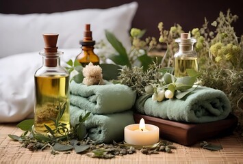 Fototapeta na wymiar spa still life with oil, towels and herbs massage