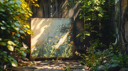 A canvas frame mockup stands in a sunlit garden against a weathered wooden fence